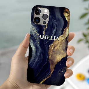 Elegant navy marble art faux gold glitter Case-Mate iPhone 14 case