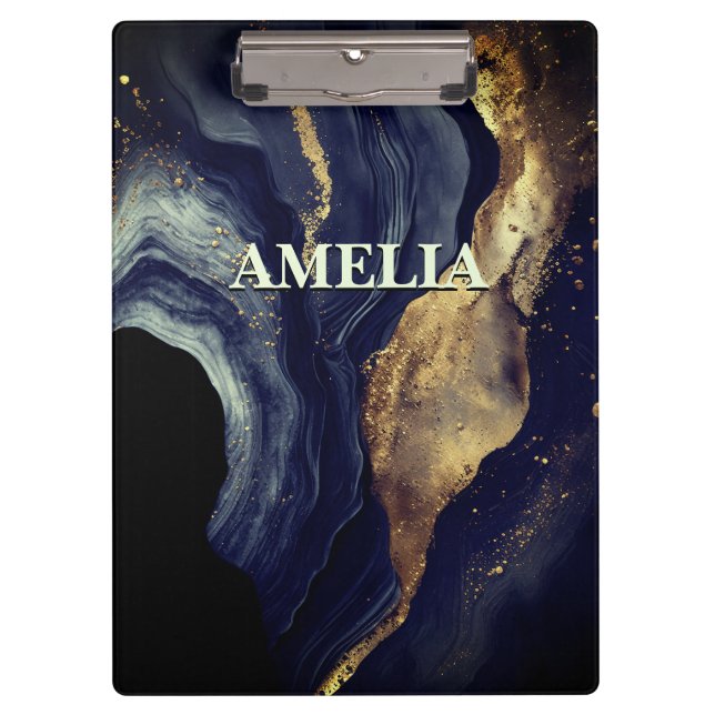 Elegant navy marble art faux gold glitter clipboard (Front)