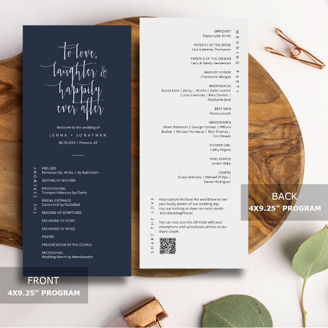 Elegant Navy Minimal Script QR Code Wedding Flat Programme (Creator Uploaded)