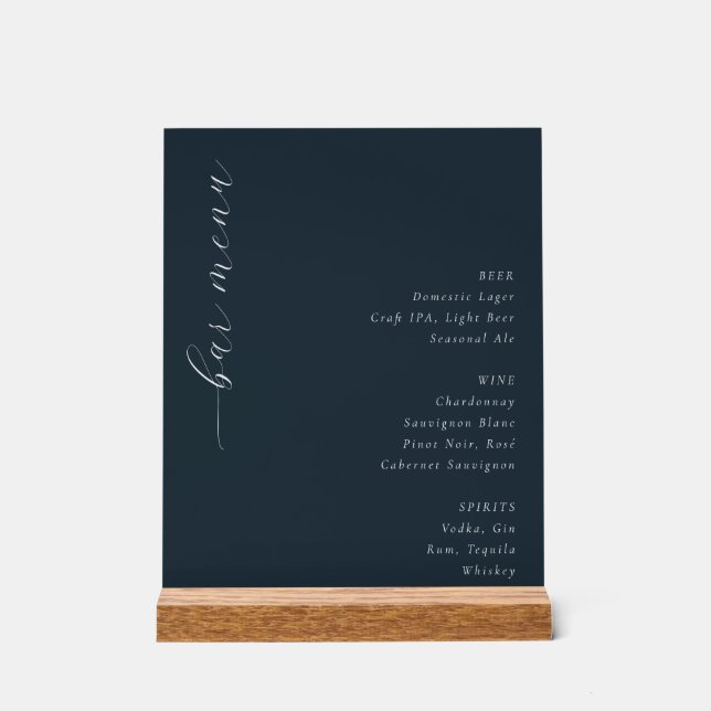 Elegant Navy Minimalist Bar Menu Acrylic Sign (Front)