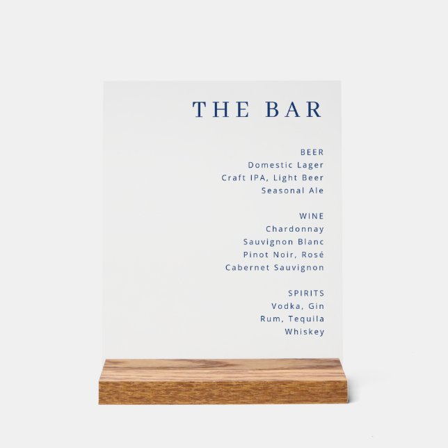 Elegant Navy Minimalist Bar Menu Acrylic Sign (Front)