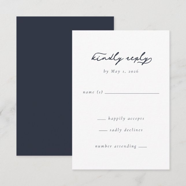 Elegant Navy Minimalist Calligraphy RSVP Card (Front/Back)