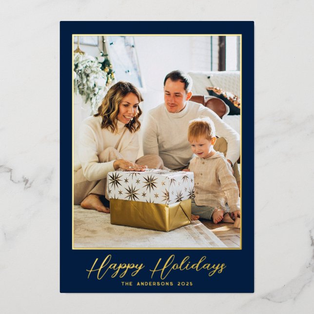 Elegant Navy Minimalist Photo Foil Holiday Card (Front)