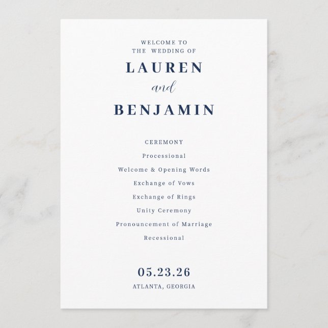 Elegant Navy Minimalist Wedding Ceremony Programme (Front)