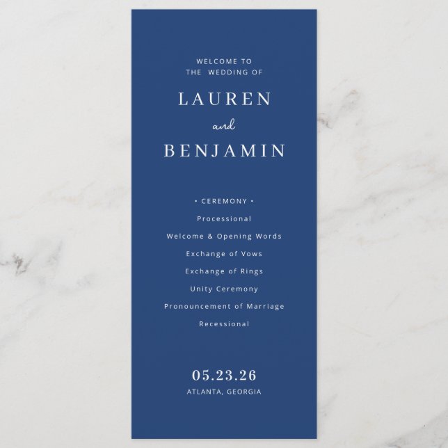 Elegant Navy Minimalist Wedding Ceremony Programme (Front)
