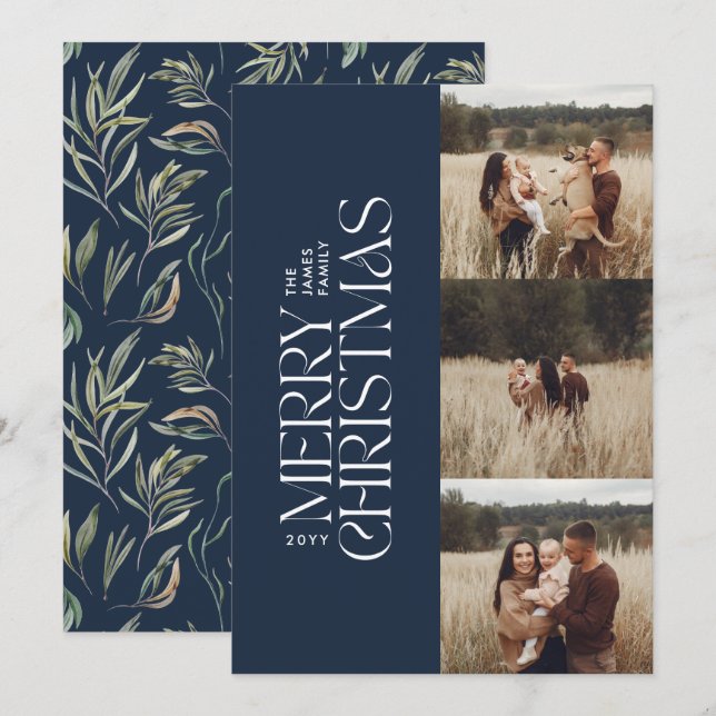 Elegant navy modern minimal multi photo botanical holiday card (Front/Back)