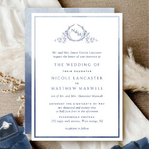 Elegant Navy Monogram Formal Watercolor Wedding Invitation
