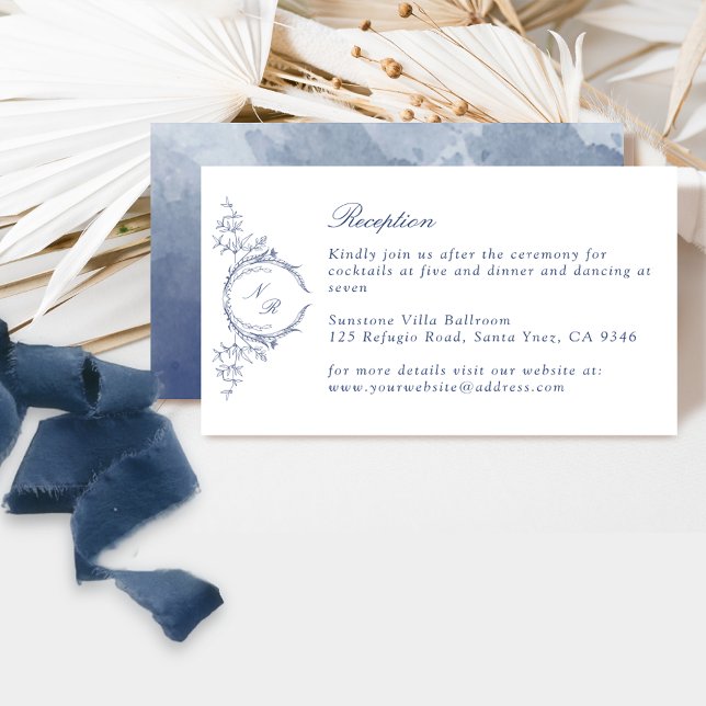 Elegant Navy Monogram Watercolor Wedding Reception Enclosure Card (Creator Uploaded)