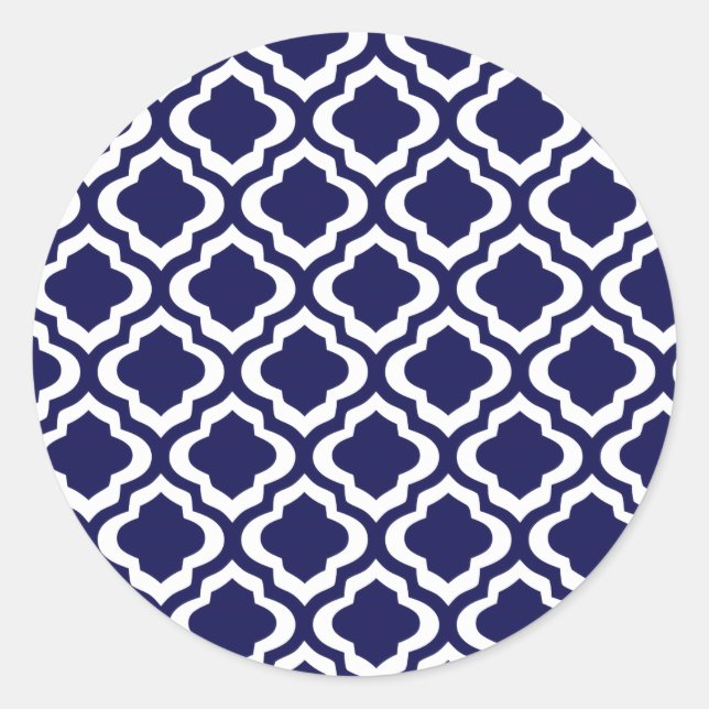 Elegant Navy Moroccan Trellis Quatrefoil Clover Classic Round Sticker (Front)