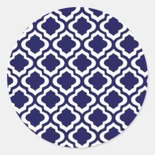Elegant Navy Moroccan Trellis Quatrefoil Clover Classic Round Sticker