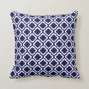 Elegant Navy Moroccan Trellis Quatrefoil Clover Cushion
