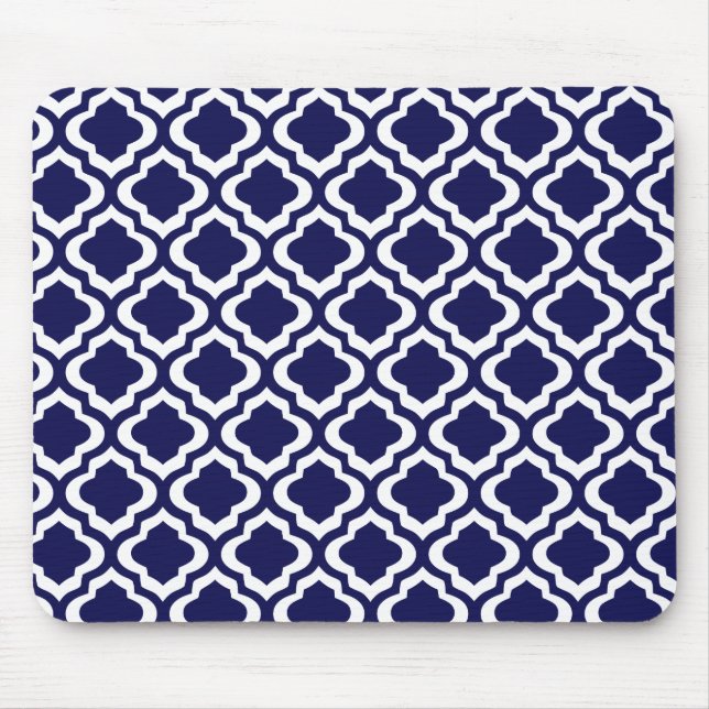 Elegant Navy Moroccan Trellis Quatrefoil Clover Mouse Mat (Front)