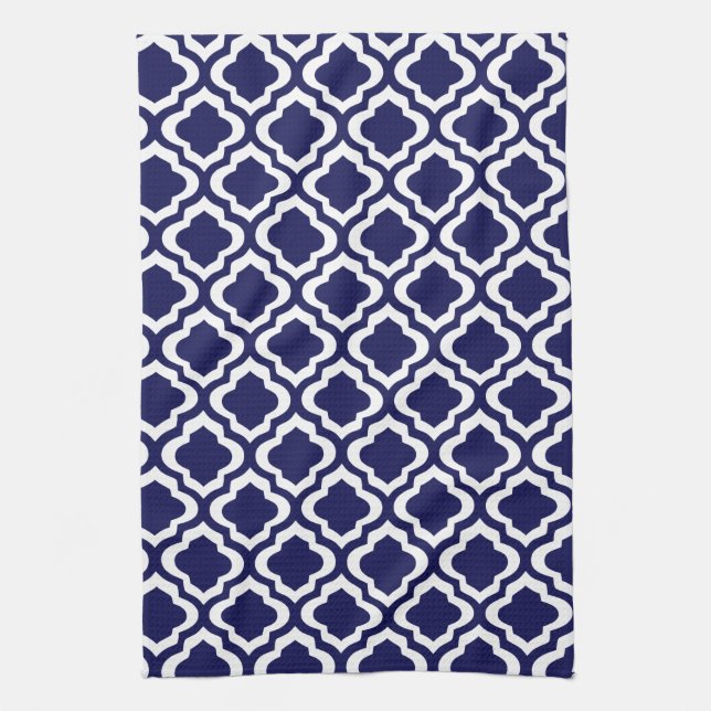 Elegant Navy Moroccan Trellis Quatrefoil Clover Tea Towel (Vertical)