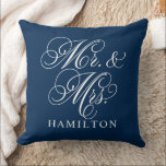 Elegant Navy Mr and Mrs Script Custom Monogram Cushion<br><div class="desc">Elegant square accent pillow for happy couples and newlyweds features a white script Mr. and Mrs. design with custom monogram text that can be personalised with the married last name. The navy blue background colour can be customised to coordinate with your home or bedroom decor colours.</div>