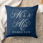 Elegant Navy Mr and Mrs Script Custom Monogram Cushion<br><div class="desc">Elegant square accent pillow for happy couples and newlyweds features a white script Mr. and Mrs. design with custom monogram text that can be personalised with the married last name. The navy blue background colour can be customised to coordinate with your home or bedroom decor colours.</div>