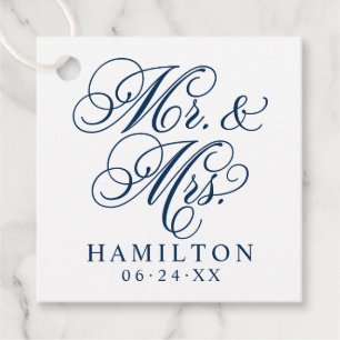Elegant Navy Mr and Mrs Script Monogram Favour Tags