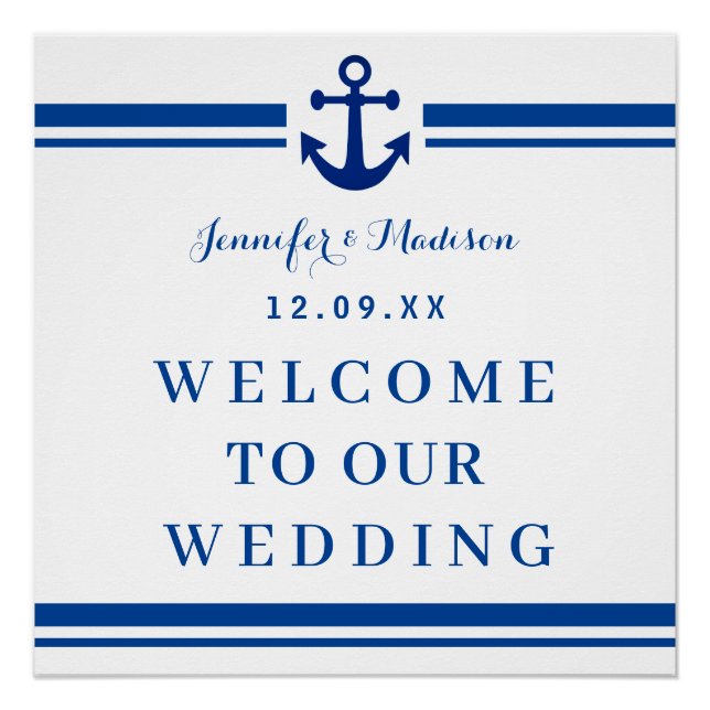 Elegant Navy Nautical Wedding Monogram Welcome Poster (Front)