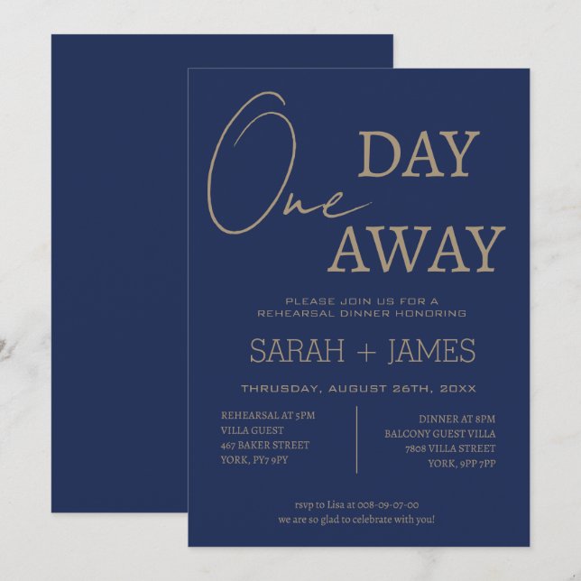 Elegant Navy One Day Away Rehearsal Dinner Wedding Invitation (Front/Back)