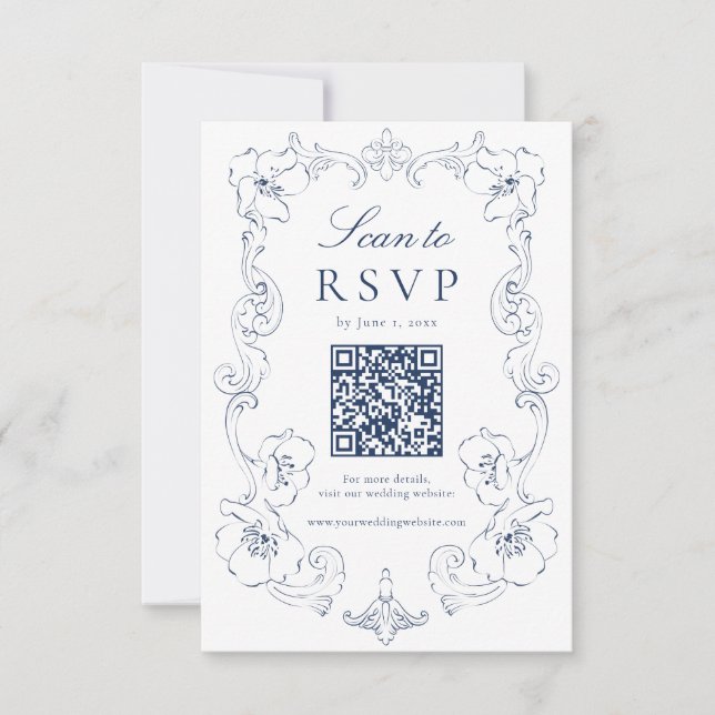 Elegant Navy Ornate Floral QR Code Wedding RSVP Card (Front)