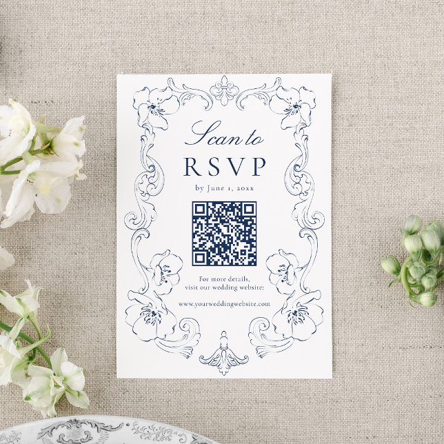 Elegant Navy Ornate Floral QR Code Wedding RSVP Card (Creator Uploaded)
