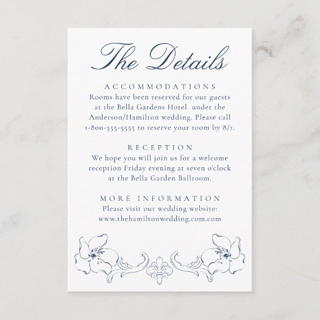 Elegant Navy Ornate Floral Wedding Details Enclosure Card (Front)