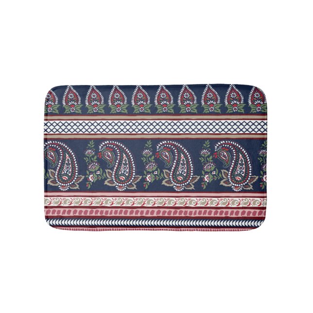 Elegant Navy Paisley: Timeless Border Design Bath Mat (Front)