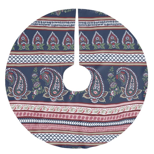 Elegant Navy Paisley: Timeless Border Design Brushed Polyester Tree Skirt (Front)