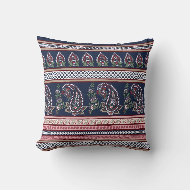 Elegant Navy Paisley: Timeless Border Design Cushion (Front)
