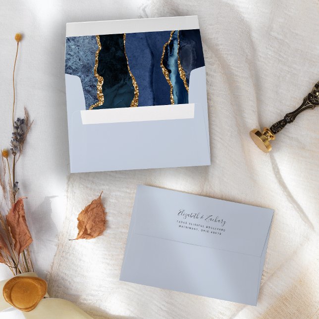 Elegant Navy Pale Blue Gold Agate Wedding Envelope (Creator Uploaded)
