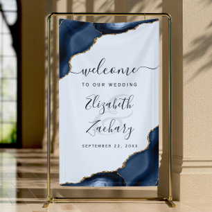 Elegant Navy Pale Blue Gold Agate Wedding Welcome Banner