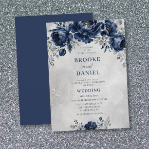 Elegant Navy Peony Anemone Silver Wedding Invitation