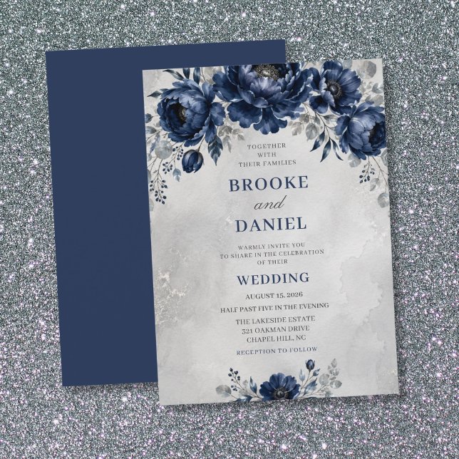 Elegant Navy Peony Anemone Silver Wedding Invitation (Creator Uploaded)