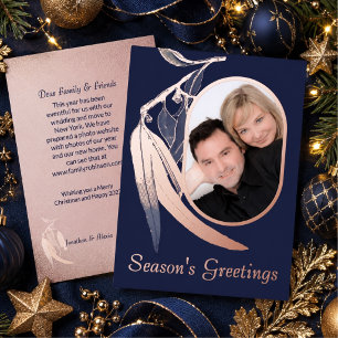 Elegant Navy Photo Eucalyptus Art Christmas Rose Foil Holiday Card