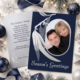 Elegant Navy Photo Eucalyptus Art Christmas Silver Foil Holiday Card