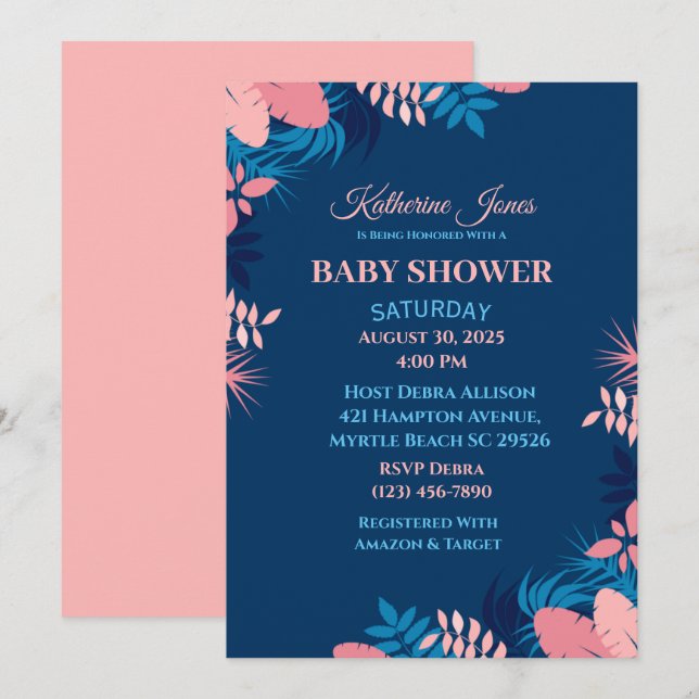Elegant Navy Pink Floral Baby Shower Invitation (Front/Back)