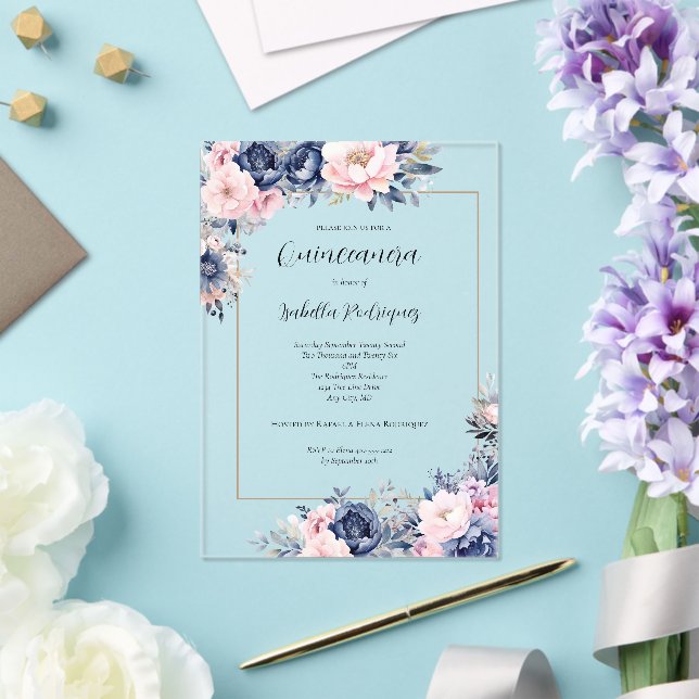 Elegant Navy Pink Floral Formal Quinceanera Acrylic Invitations (Insitu (Wedding))