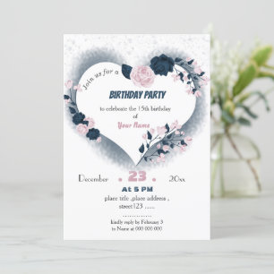 elegant navy & pink floral heart birthday invitation