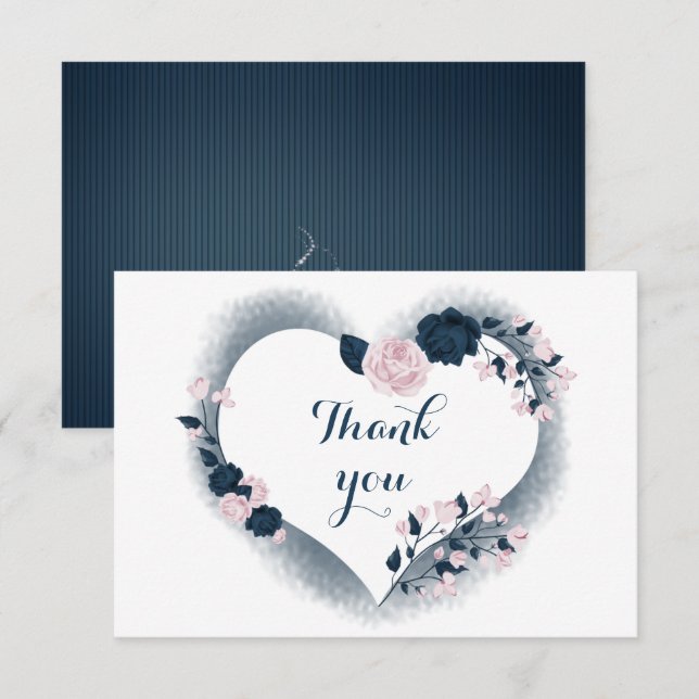 elegant navy & pink floral heart thank you card (Front/Back)