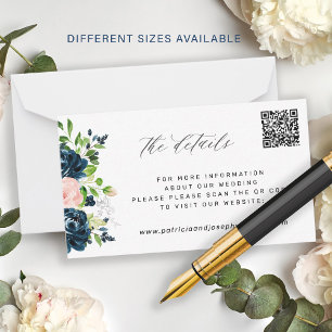 Elegant navy pink floral QR CODE wedding details Card