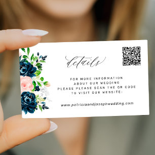 Elegant navy pink floral QR CODE wedding details Enclosure Card