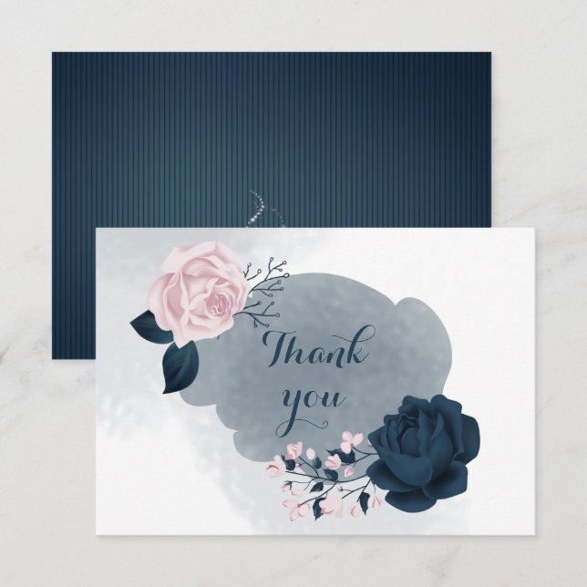 elegant navy & pink floral thank you card (Front/Back)