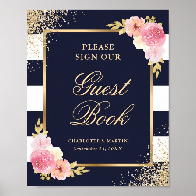 Elegant Navy Pink Floral Wedding Guest Book Sign (Front)
