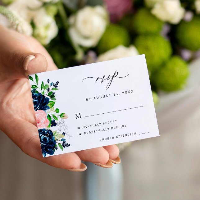 Elegant navy pink floral wedding RSVP Enclosure Card (Creator Uploaded)