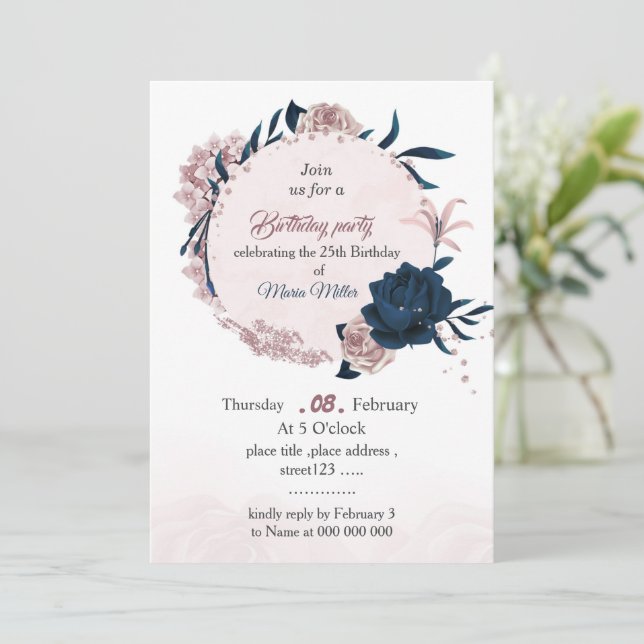 elegant navy & pink flowers birthday invitation (Standing Front)
