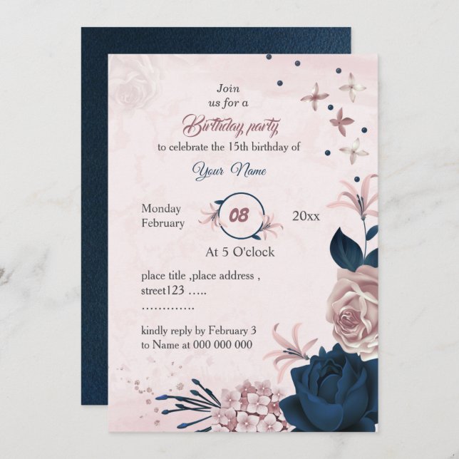 elegant navy & pink flowers birthday party invitation (Front/Back)