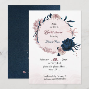 elegant navy & pink flowers bridal shower invitation
