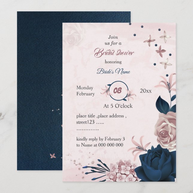 elegant navy & pink flowers bridal shower invitation (Front/Back)