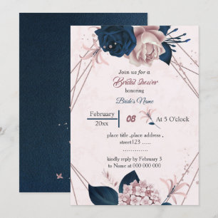 elegant navy &pink flowers geometric bridal shower invitation