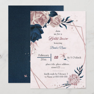 elegant navy & pink flowers geometricbridal shower invitation