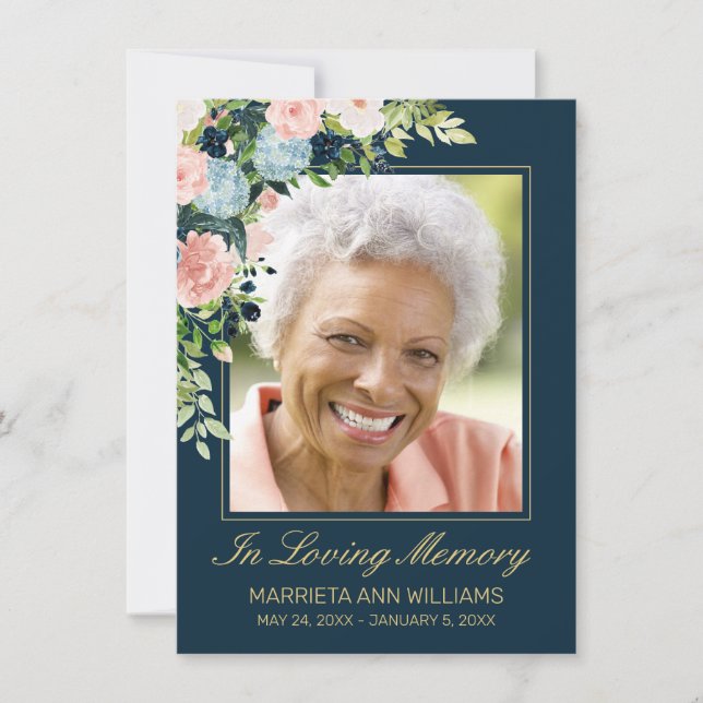 Elegant Navy Pink Rose Floral Photo Memorial Thank You Card (Front)